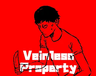 Veinless Property cover art: an anxious young man holding a knife, drawn in black ink on red under the title