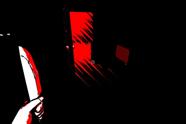 Veinless Property screenshot: a hand holding a kitchen knife in a dark hallway with a red-lit doorway ahead