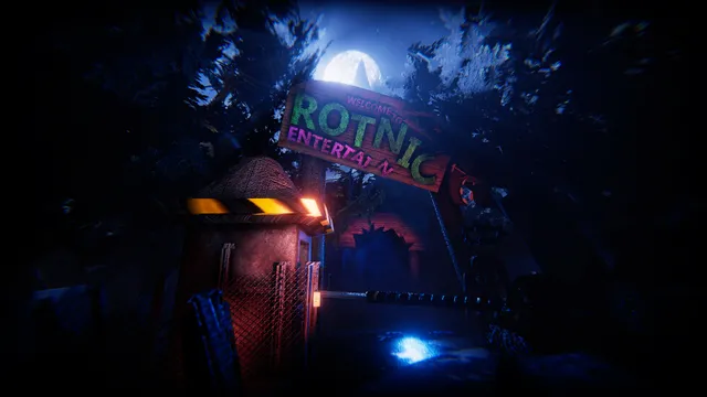 Venge: the entrance gate of Rotnic Entertainment at night under a full moon