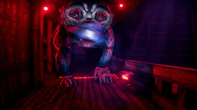 Venge: a huge creature with a gaping mouth crawls through a red-lit room