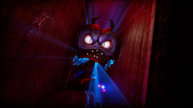 Venge: a grinning, toothy creature lunges out of a dark doorway in a blue light