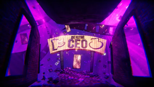 Venge: a corridor in purple light leading to a door marked Joe Rotnic CEO