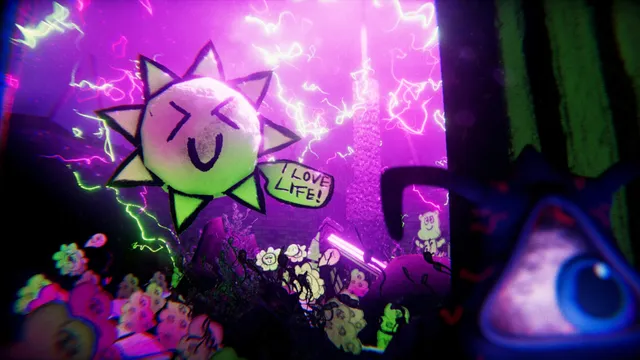 Venge: a wall painted with a cartoon sun saying I love life, lit by purple lightning, with a giant eye watching