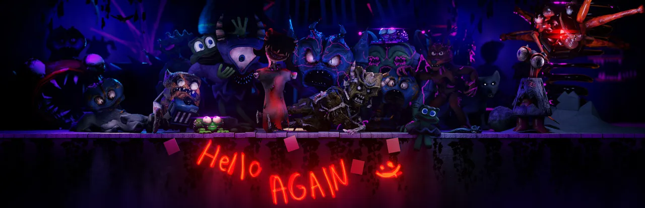 Venge key art: a crowd of grinning, toothy cartoon creatures above neon writing that says Hello again
