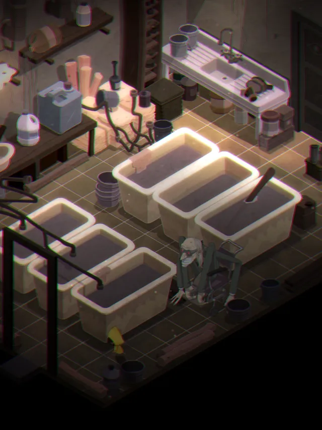 Very Little Nightmares screenshot: a hunched old man in a wheelchair crouches among filthy baths in a tiled workshop, the girl hiding nearby