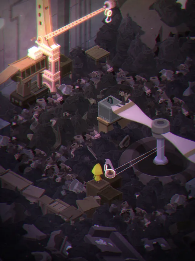 Very Little Nightmares screenshot: the girl stands on a crate in a mountain of rubbish beside a crane and a giant spinning fan