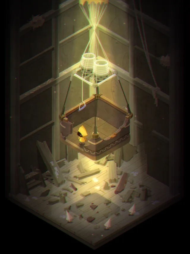 Very Little Nightmares screenshot: the girl rides a hanging lift cage above a broken wooden floor scattered with spikes