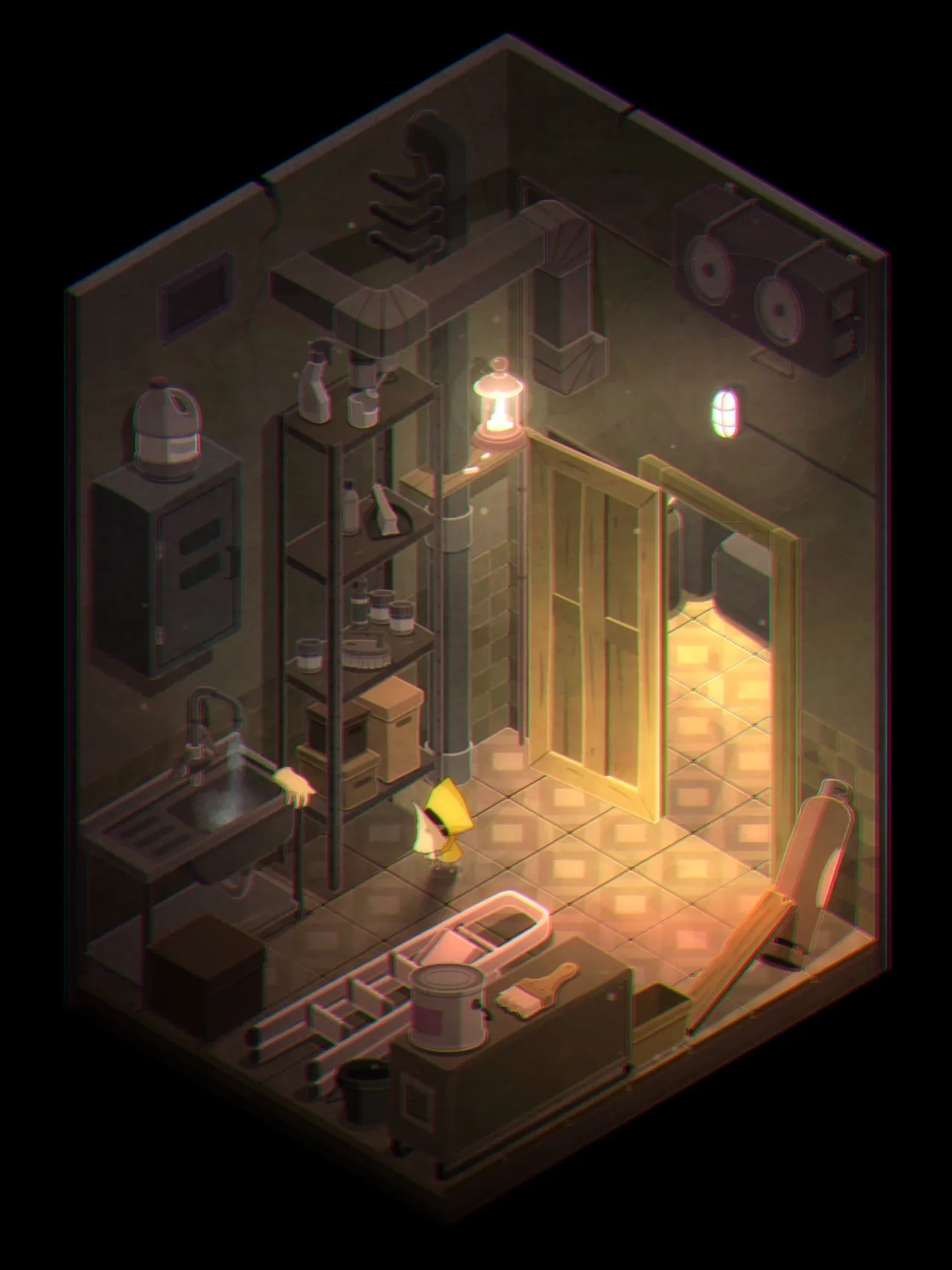 Very Little Nightmares screenshot: the girl in the yellow raincoat stands in a cluttered store room with shelves, a sink and an open lit doorway, seen from above