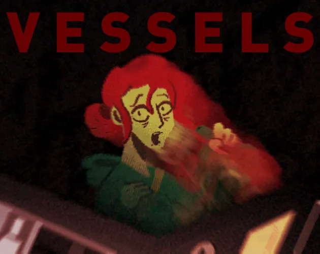 VESSELS cover: a red-haired woman in a green jacket screaming, her face streaked with something dark, under the red title