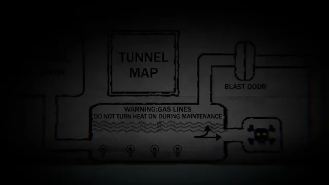 VESSELS screenshot: a tunnel map with a blast door and a warning about gas lines and heat