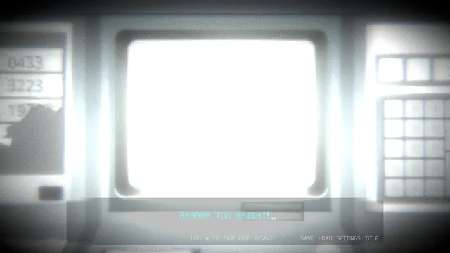 VESSELS screenshot: a monitor flaring pure white, with the line AAAAAA TOO BRIGHT