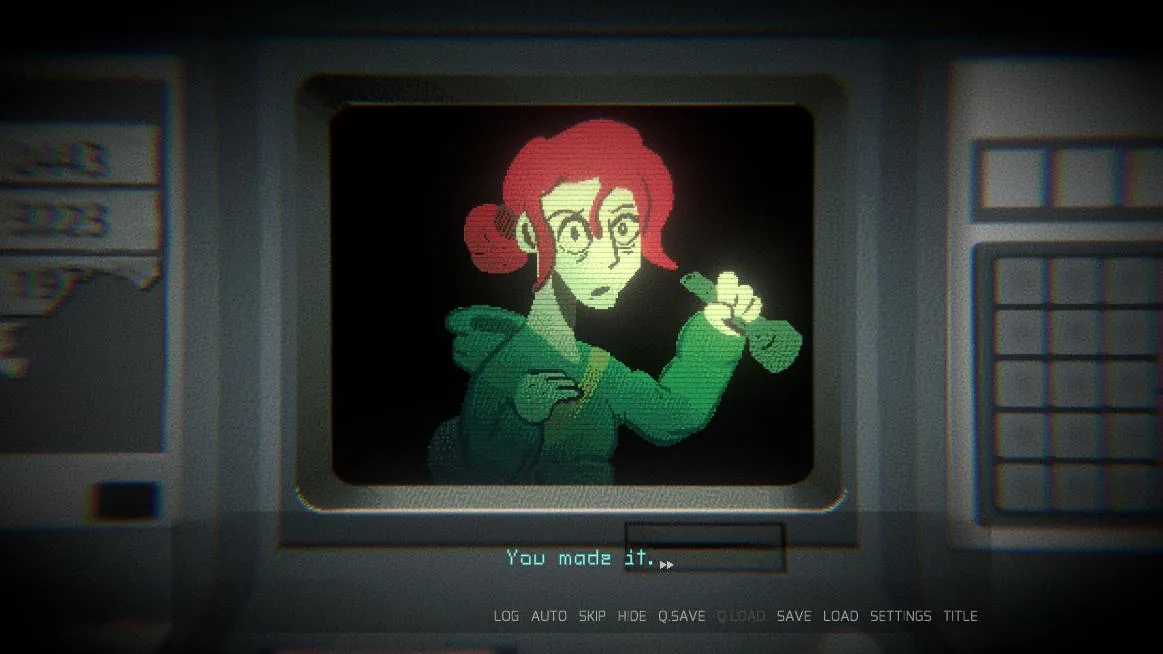 VESSELS screenshot: your colleague holding a flashlight on an old monitor, with the line You made it.