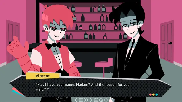 Vincent, a red-haired man in a waistcoat and bow tie, and a pale, dark-haired figure in a black suit in a pink bar, with the line May I have your name, Madam