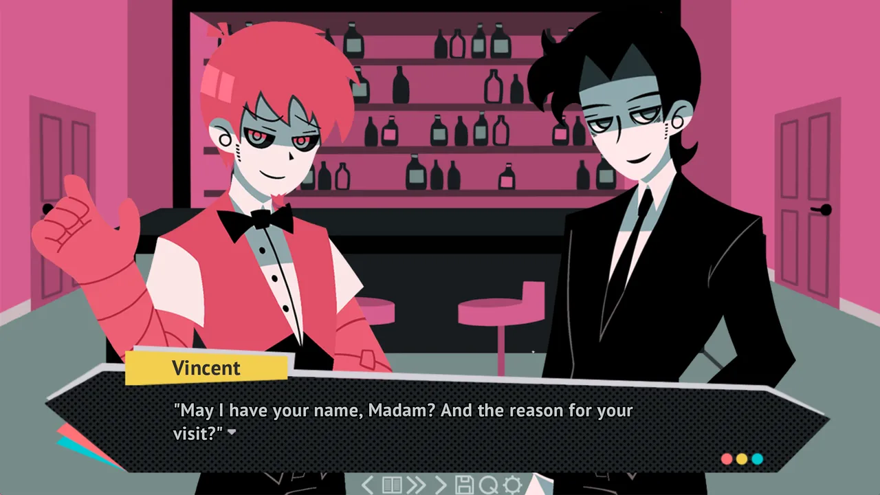Vincent, a red-haired man in a waistcoat and bow tie, and a pale, dark-haired figure in a black suit in a pink bar, with the line May I have your name, Madam