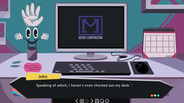 An office desk with a Myers Corporation computer, a calendar and a glove-shaped toy, in a point-and-click scene