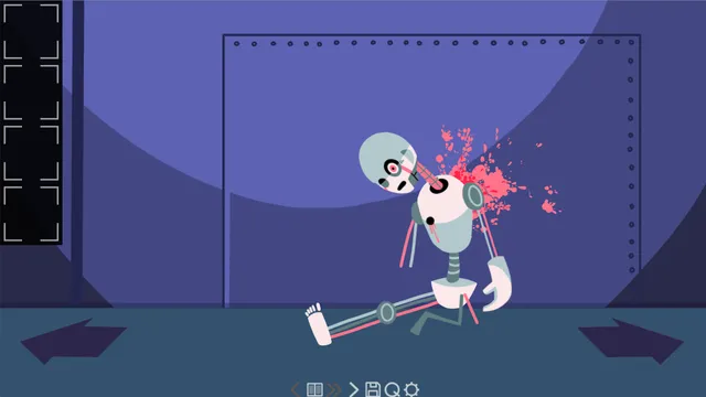 A broken cyborg with a cracked, bloodied head slumped on the floor of a dim purple room