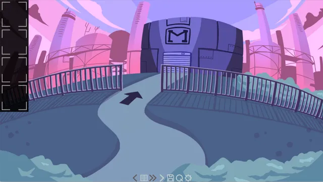A path leading up to a large Myers Corporation building among factory towers under a purple sky