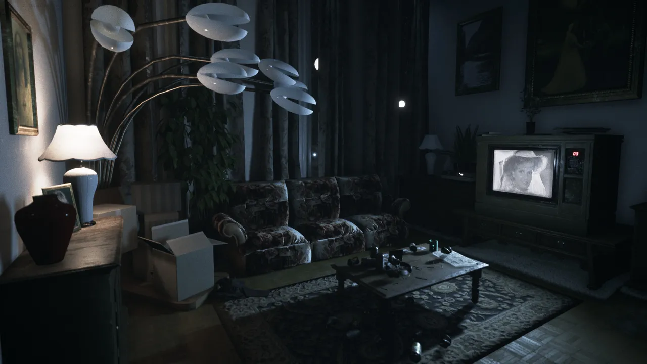 Visage screenshot: a dim, old-fashioned living room with floral sofas, a lamp and an old television showing a black and white face