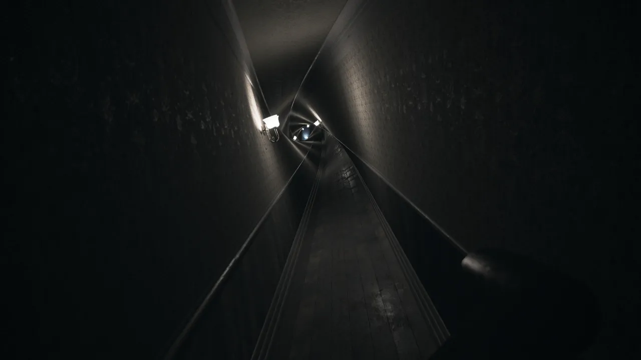 Visage screenshot: a narrow, distorted corridor stretching far ahead with lamps along its walls