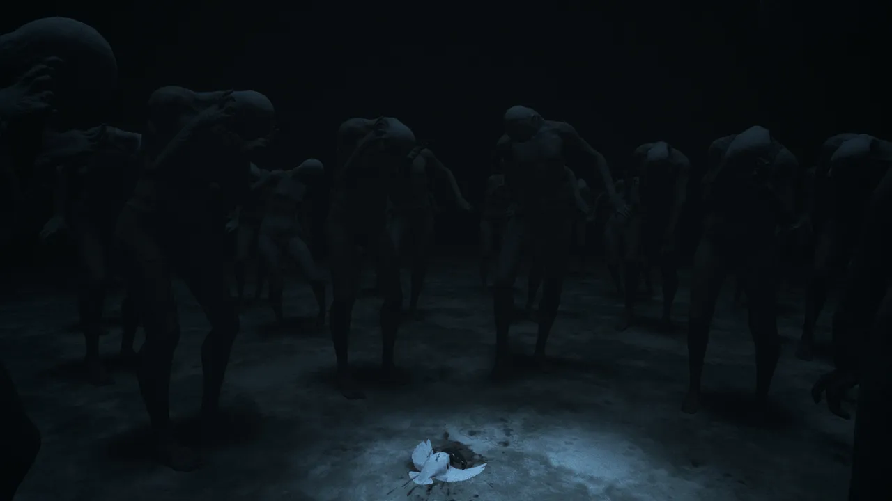 Visage screenshot: a crowd of hunched, faceless dark figures standing in a pale blue light