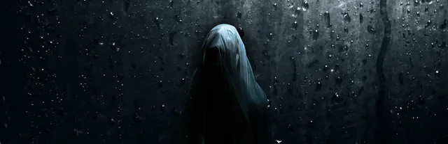 Visage art: a veiled ghostly figure seen through a rain-spattered window in the dark