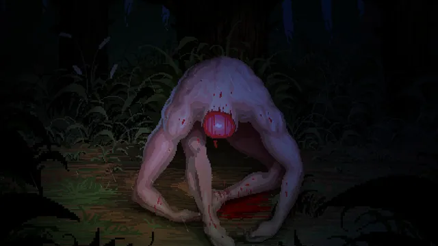 Vlad Circus: Descend Into Madness screenshot: a pale, hunched creature with long limbs and a bloody open chest crouches in dark undergrowth