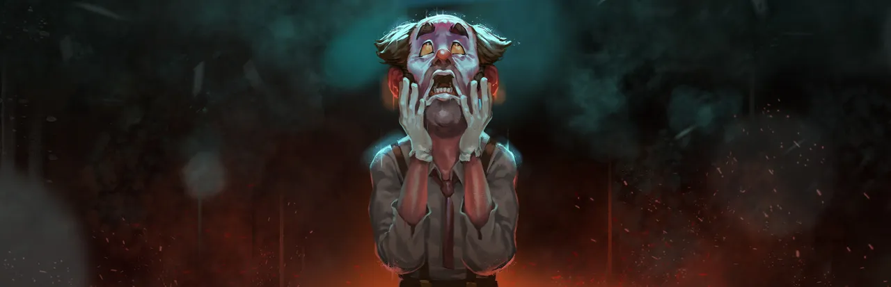 Vlad Circus: Descend Into Madness key art: a balding clown in white gloves and a loose tie clutches his face and screams upward, lit red from below in drifting smoke