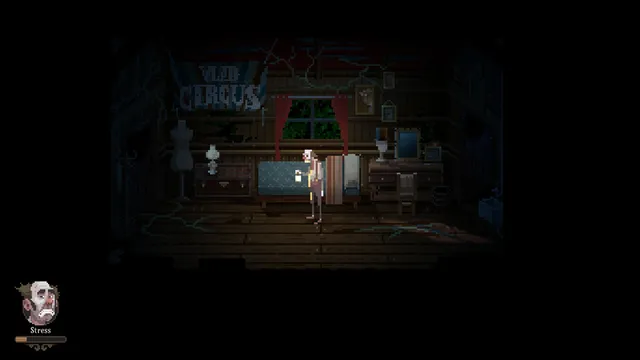 Vlad Circus: Descend Into Madness screenshot: Oliver stands with a lantern in a dim wooden bedroom under a torn Vlad Circus banner
