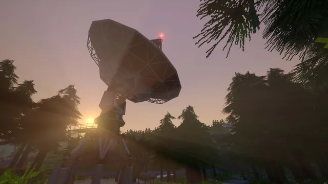 Voices of the Void screenshot: a radio dish silhouetted against the low sun between pine trees