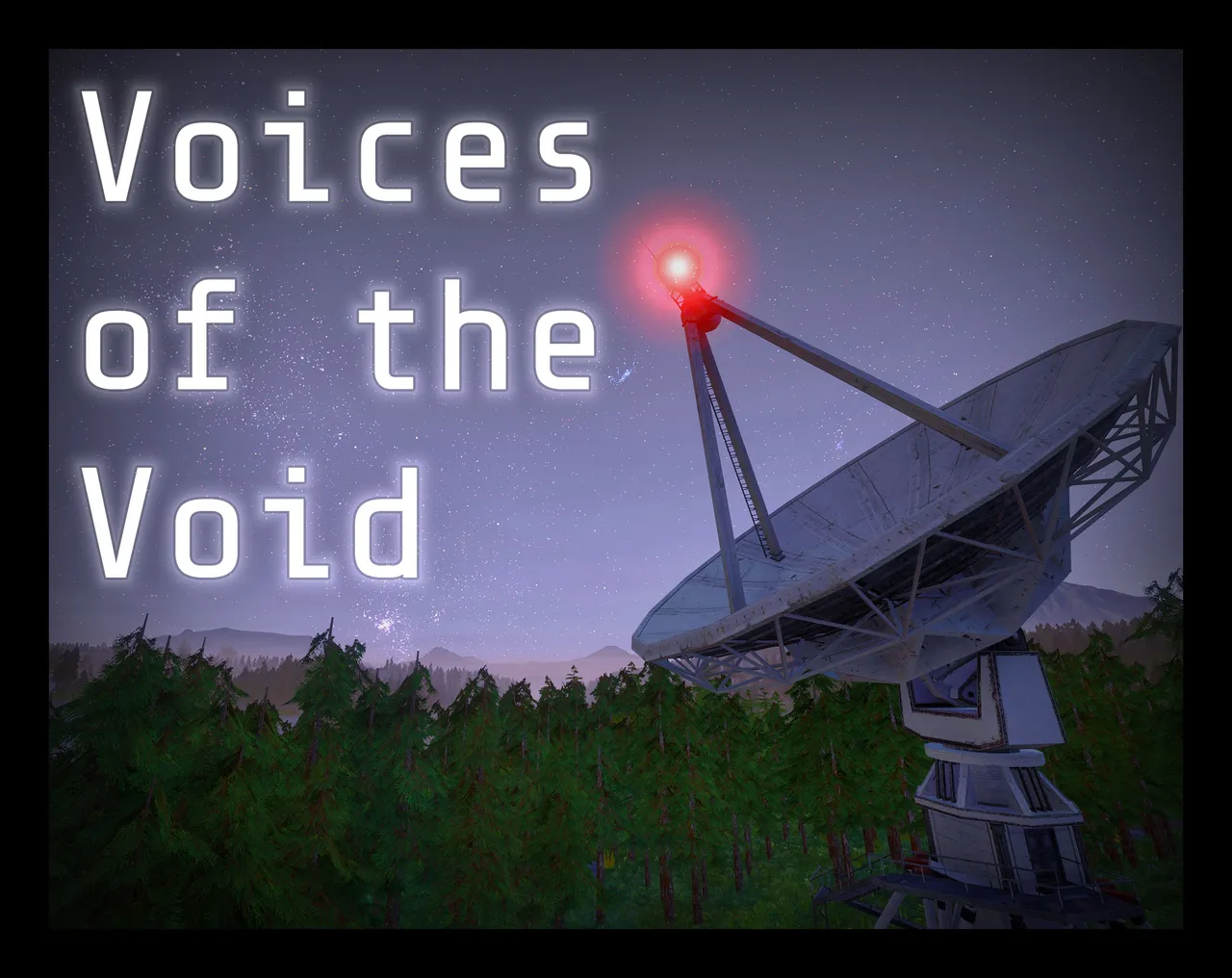 Voices of the Void cover: the title beside a large radio telescope dish with a red light at dusk above a forest