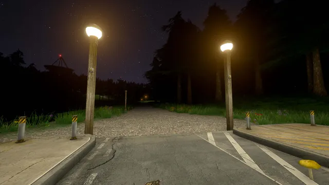 Voices of the Void screenshot: a road lit by two street lamps at night, a dish dark against the trees