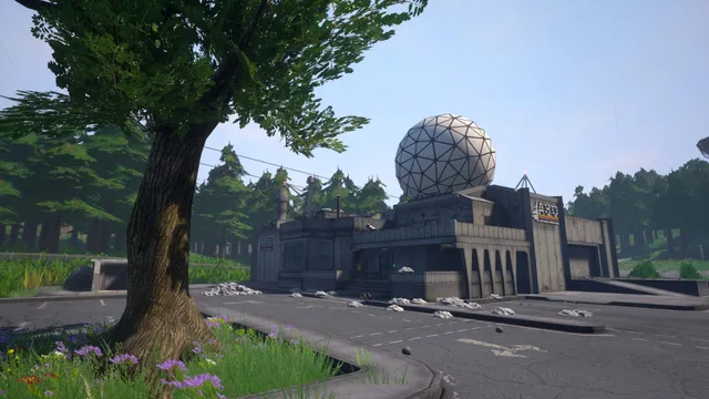 Voices of the Void screenshot: the research base building with a white geodesic dome beside an empty car park in the forest