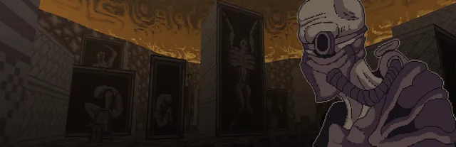 Vomitoreum key art: a skull-faced figure with a breathing tube in a hall of grotesque paintings