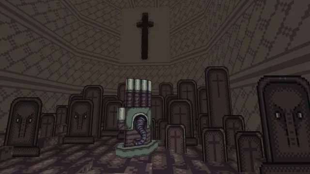 Vomitoreum screenshot: rows of coffins and gravestones under a black cross