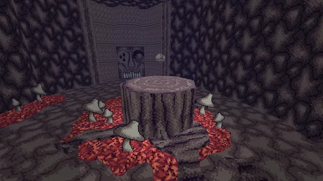 Vomitoreum screenshot: a tree stump ringed by pale mushrooms on red ground in a stone chamber
