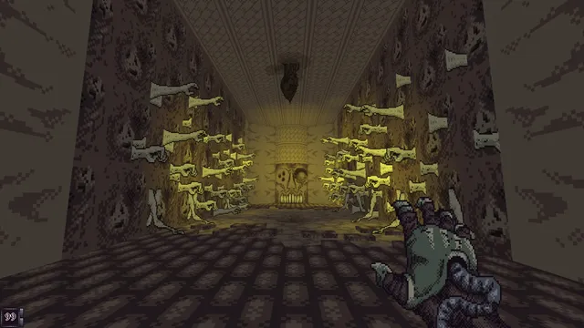 Vomitoreum screenshot: a corridor lined with bones and skulls, a gnarled hand raised in the foreground