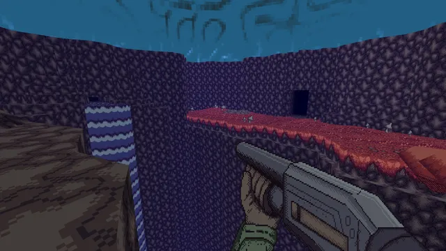 Vomitoreum screenshot: the player's shotgun aimed across a pool under a blue sky