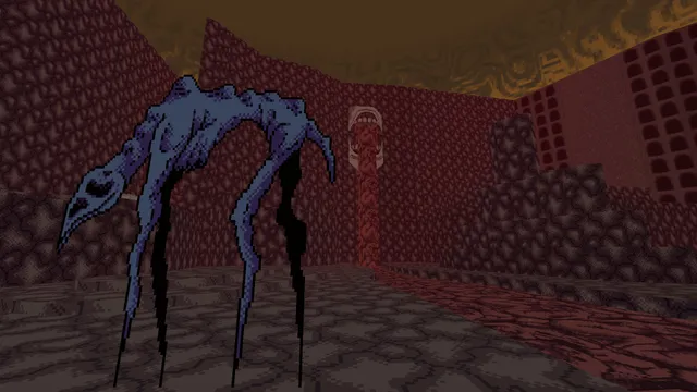 Vomitoreum screenshot: a long-limbed blue creature stalking through a red flesh-walled chamber