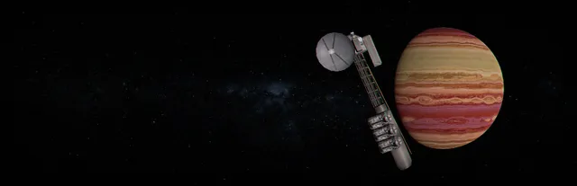 Voyager-19 key art: a small space probe with a dish antenna drifting past a banded red and orange planet