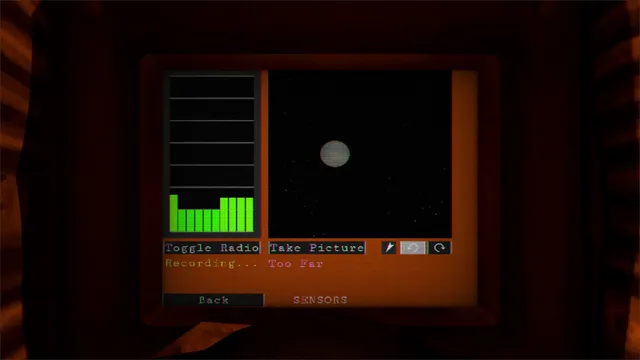 The camera screen showing a distant planet with the warning Too Far