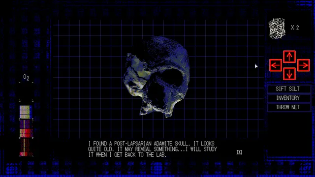 Water Womb World screenshot: an old skull dug from the silt, with the line I found a post-lapsarian Adamite skull