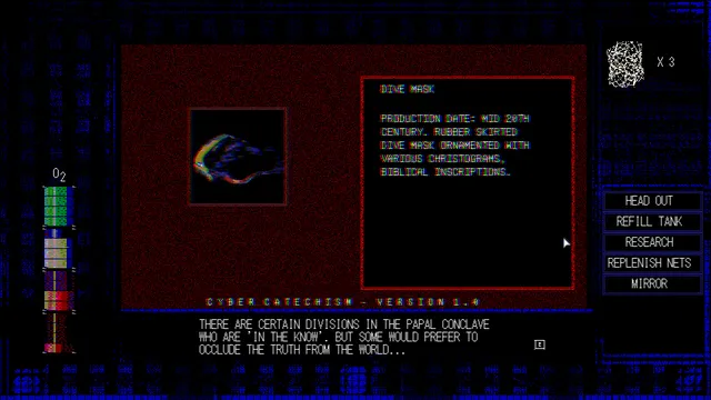 Water Womb World screenshot: the lab's research screen describing a dive mask ornamented with biblical inscriptions