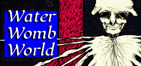 Water Womb World key art: the title in white on blue beside a pale grinning figure with root-like limbs against red