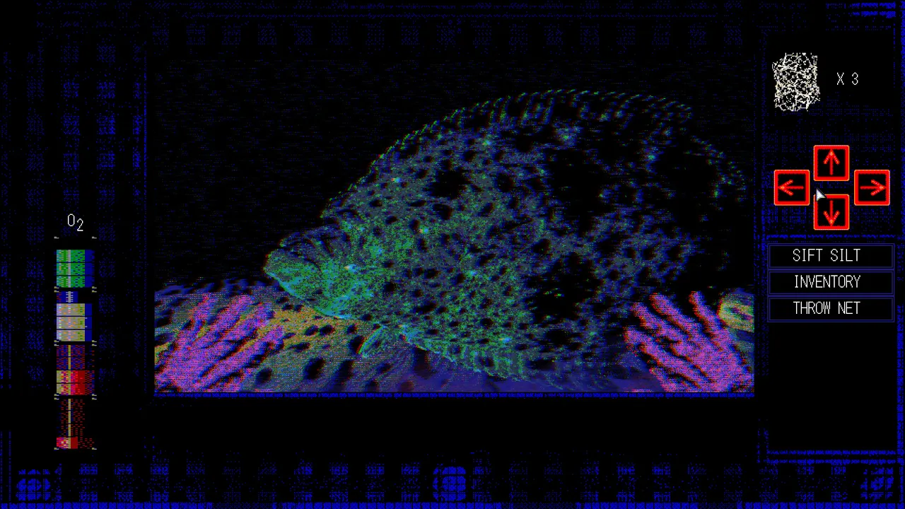Water Womb World screenshot: gloved hands reach toward a large speckled fish on the dark sea floor, beside an oxygen gauge and the Sift Silt, Inventory and Throw Net buttons