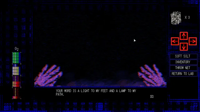 Water Womb World screenshot: gloved hands in the black water with the line Your word is a light to my feet and a lamp to my path