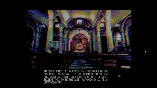 Water Womb World screenshot: a grainy church interior with text about science and God's plan