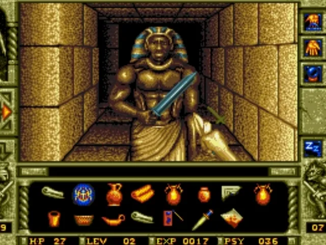 Waxworks screenshot: an Egyptian guard with a sword blocks a stone pyramid corridor above the inventory of items