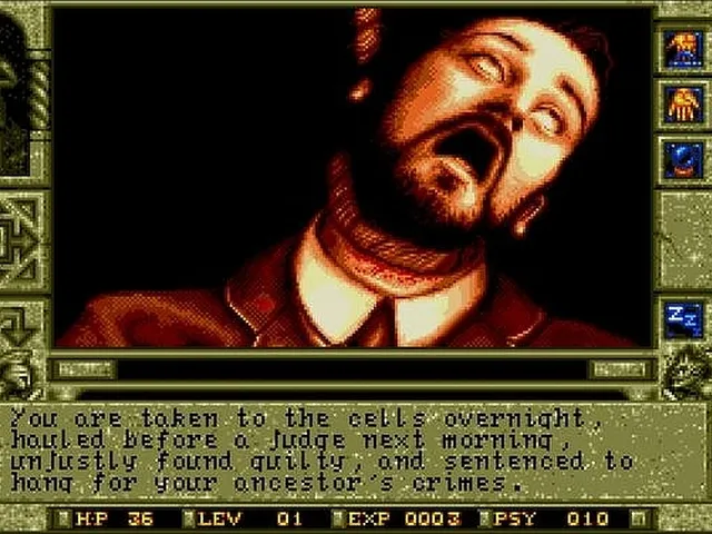 Waxworks screenshot: a man with a noose round his neck and rolled-back eyes, sentenced to hang for his ancestor's crimes