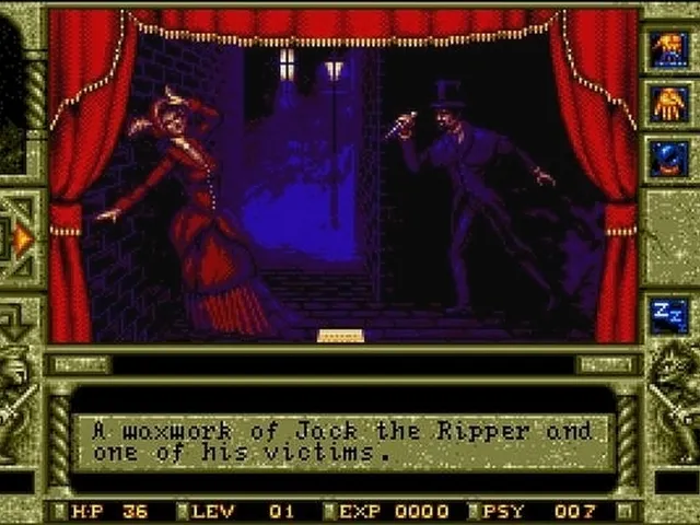 Waxworks screenshot: behind a red curtain, a waxwork of Jack the Ripper raises his knife over a woman on a gaslit street