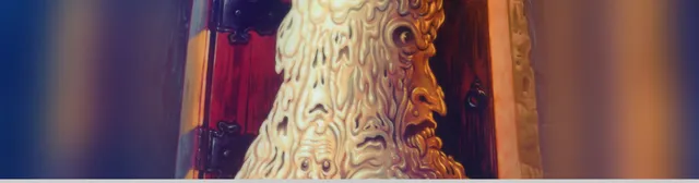 Waxworks key art: a melting wax head with a staring eye and screaming faces in its folds, in front of a red iron-hinged door